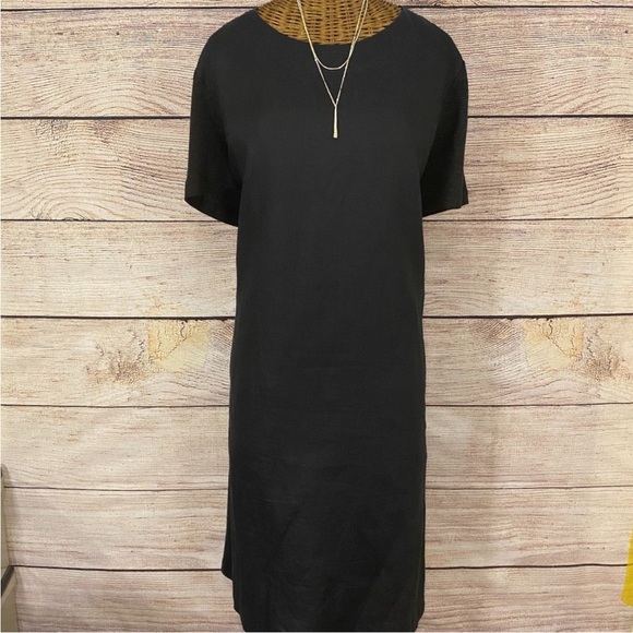 Pure Jill Black Short Sleeve Knit Side Panels Linen Midi Dress Sz L - Picture 1 of 6